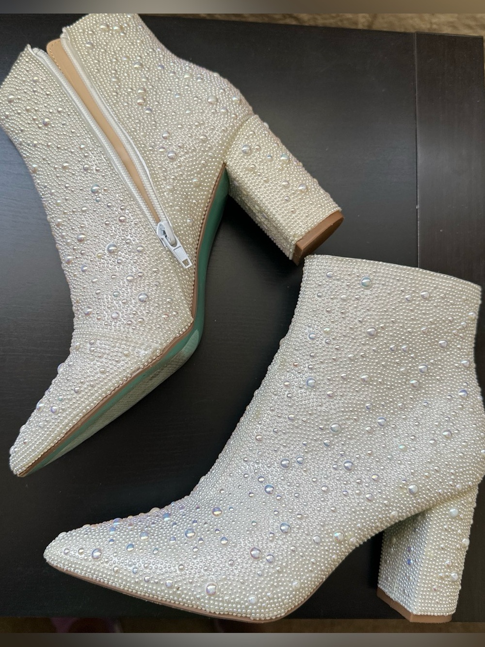 Betsey Johnson Pearl-Embellished Ivory Block Heel Ankle Boots Size 6.5